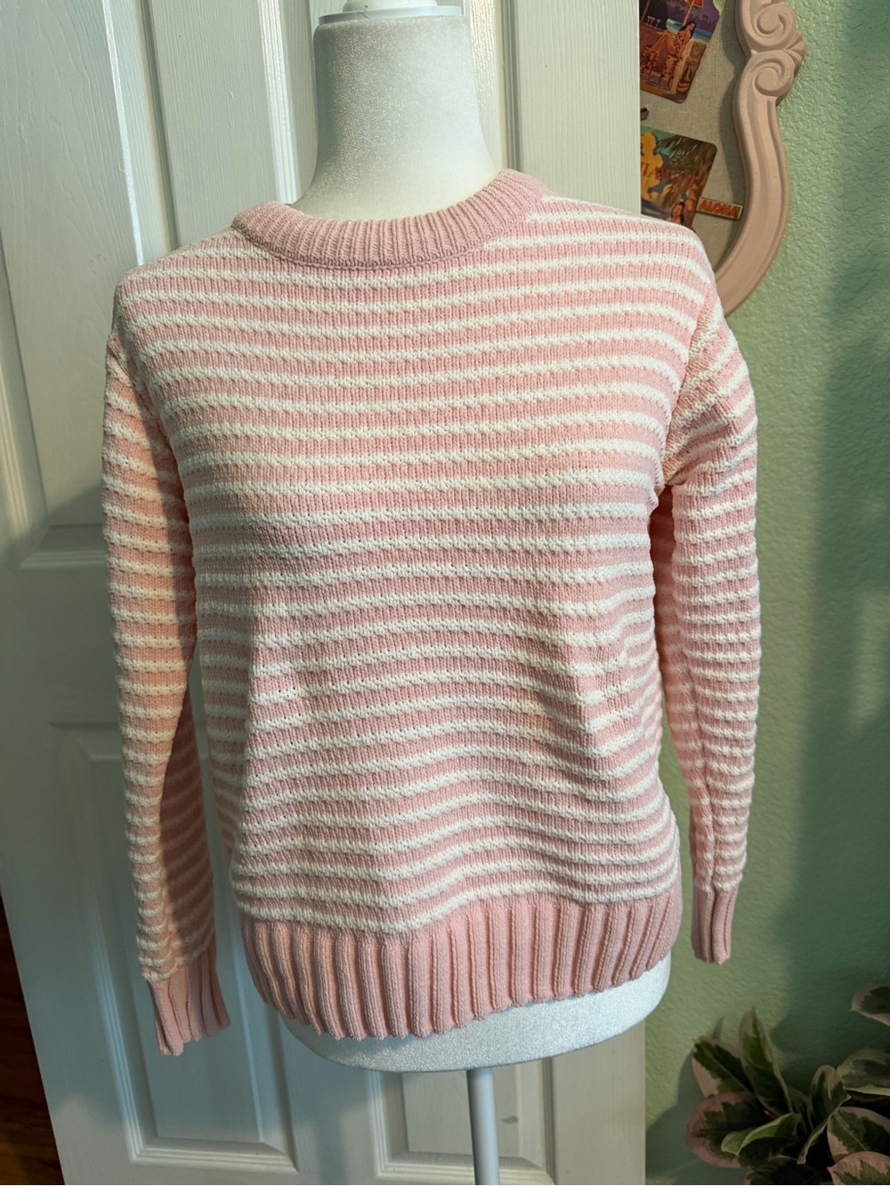 Time and Tru Pink and White Striped Crewneck Sweater